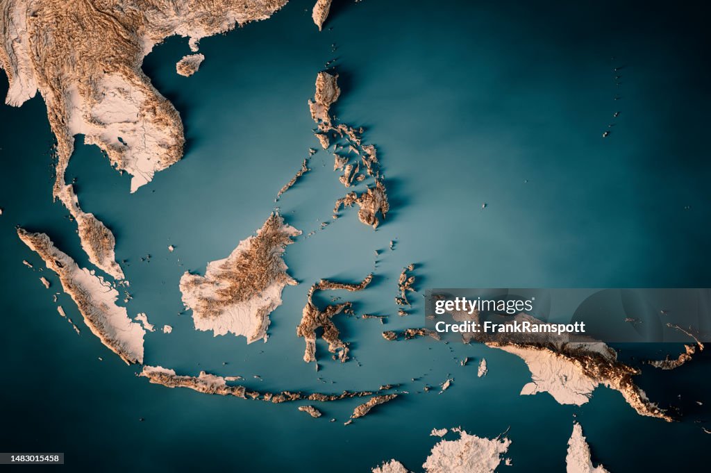Southeast Asia Topographic Map Horizontal 3D Render Dark Ocean Neutral