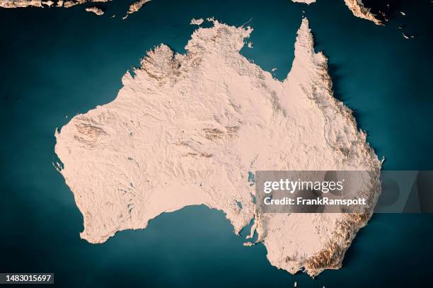 australia topographic map horizontal 3d render dark ocean neutral - satellite view stock pictures, royalty-free photos & images