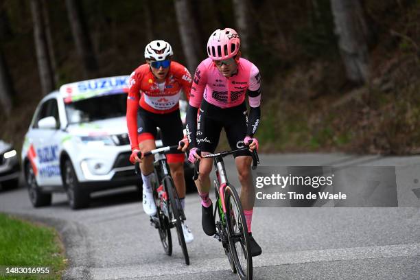 Moran Vermeulen of Austria and Team Austria - Red intermediate sprint jersey and Simon Carr of United Kingdom and Team EF Education-Easypost compete...