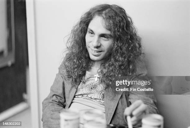 14th NOVEMBER: singer Ronnie James Dio from rock band Rainbow posed backstage at the Calderone Concert Hall in New York on 14th November 1975.