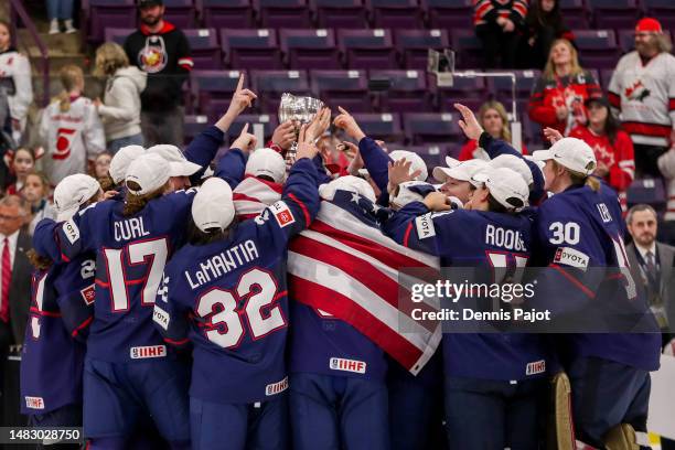 Team USA celebrates the 6-3 win over Canada during the gold medal game of the 2023 IIHF Women's World Championship at CAA Centre on April 16, 2023 in...