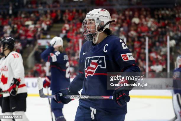 Forward Hilary Knight of USA skates against Canada during the gold medal game of the 2023 IIHF Women's World Championship at CAA Centre on April 16,...