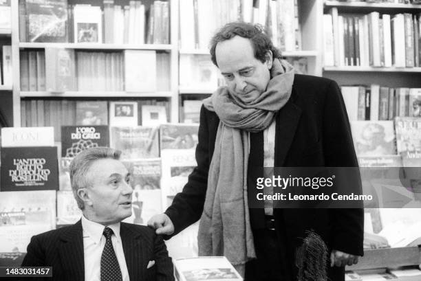 Italian writer Alberto Arbasino and Roberto Calasso of Adelphi publishing, Milan, 12th March 1990.
