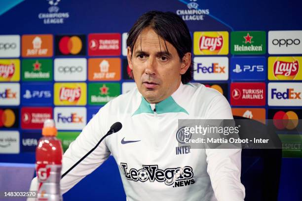 Head Coach Simone Inzaghi of FC Internazionale speaks with the media during the press conference ahead of their UEFA Champions League quarterfinal...