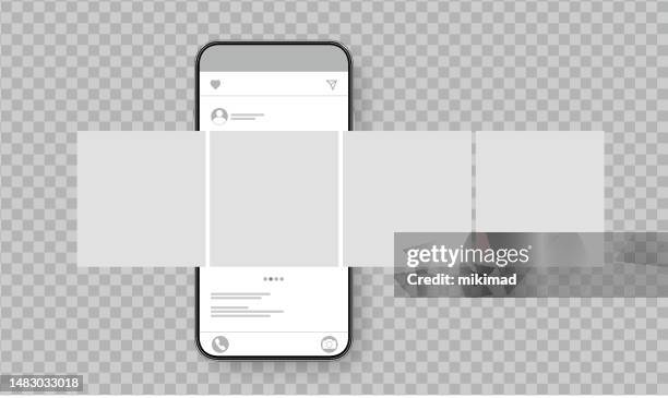 ilustrações, clipart, desenhos animados e ícones de smartphone com interface carrossel post na rede social. conceito de design de mídia social. fundo transparente. ilustração vetorial. - carousel