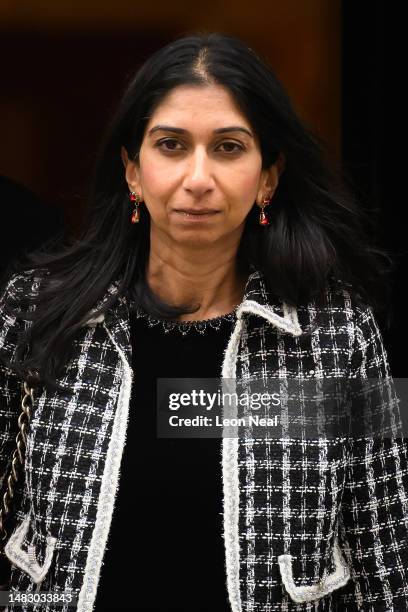 Home Secretary Suella Braverman departs number 10, Downing Street following the weekly Cabinet meeting on April 18, 2023 in London, England.