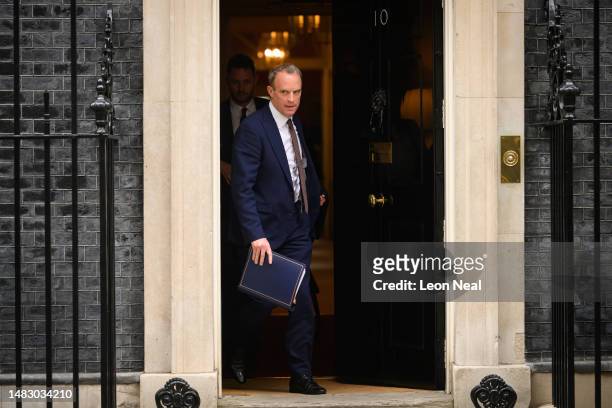Justice Secretary Dominic Raab departs number 10, Downing Street following the weekly Cabinet meeting on April 18, 2023 in London, England.