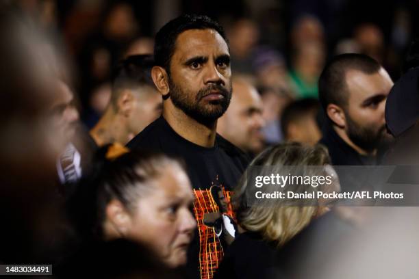 Nathan Lovett Murray looks on during Ngarra Jarra Noun Healing Ceremony at Victoria Park on April 18, 2023 in Melbourne, Australia.ʼ