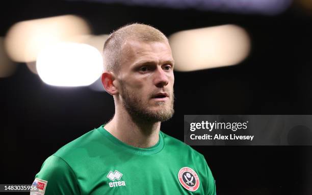 Adam Davies of Sheffield United looks on during the Sky Bet Championship between Burnley and Sheffield United at Turf Moor on April 10, 2023 in...