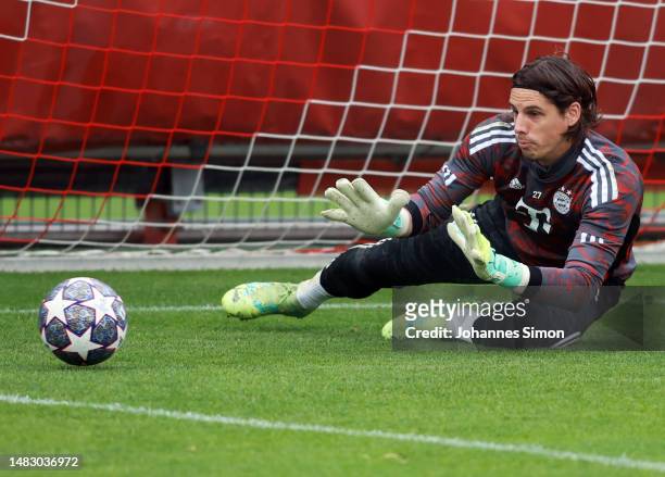 Yann Sommer, goalkeeper of the FC Bayern Muenchen participates in his team's training session ahead of their UEFA Champions League quarterfinal...