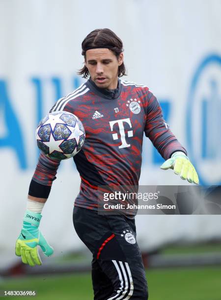 Yann Sommer, goalkeeper of the FC Bayern Muenchen participates in his team's training session ahead of their UEFA Champions League quarterfinal...