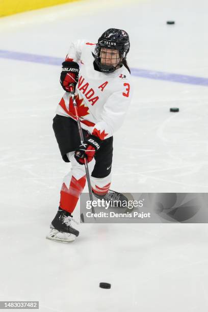 Defender Jocelyne Larocque of Canada skates prior to a game against USA during the gold medal game of the 2023 IIHF Women's World Championship at CAA...