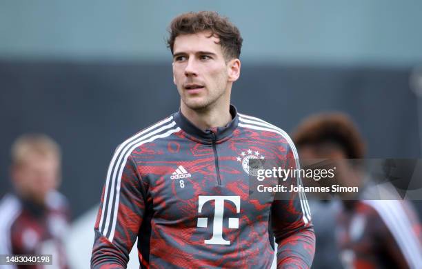 Leon Goretzka of Bayern Muenchen participates in the FC Bayern Munchen training session ahead of their UEFA Champions League quarterfinal second leg...