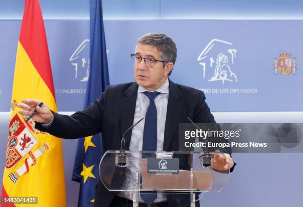 Spokesman in Congress, Patxi Lopez, speaks during a press conference following the meeting of the Board of Spokesmen, at the Congress of Deputies, on...