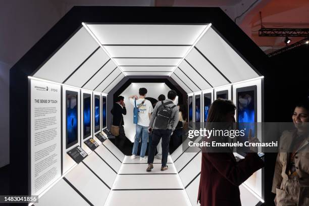 People visit the installation "The Sense of Touch" by Istituto Marangoni, part of the design exhibition "Superdesign Show" at Superstudio Piu,...