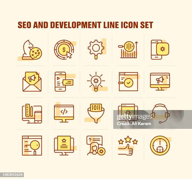 seo and development, content management, development, keyword searching, pay per click icons - ranking algorithms stock illustrations