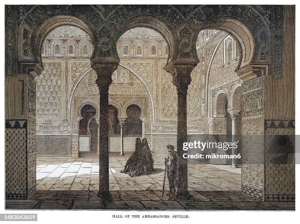 old engraved illustration of the royal alcázars of seville or alcázar of seville, a royal palace in seville, spain, built for the christian king peter of castile - moor stock pictures, royalty-free photos & images