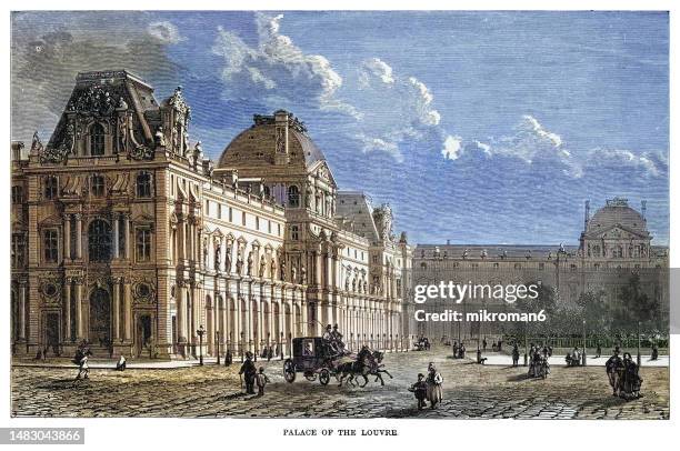 old engraved illustration of the place of the louvre in paris, france - palace stock pictures, royalty-free photos & images