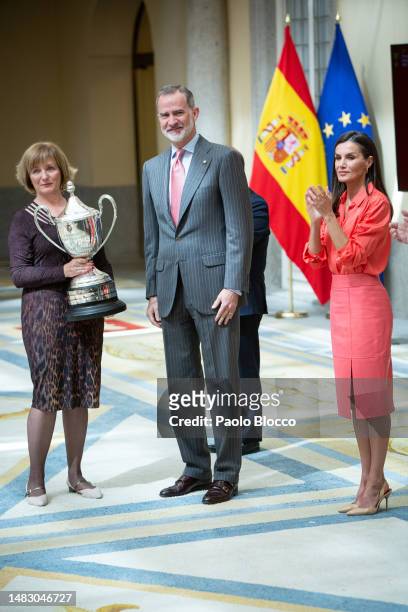 Queen Letizia Of Spain Angela Rodriguez Duque and King Felipe VI of Spain attend the National Sports Awards at the El Pardo Palace on April 18, 2023...