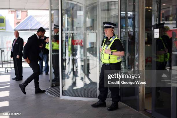 Police officers are seen outside the Crucible on Day Four of the Cazoo World Snooker Championship 2023 at Crucible Theatre on April 18, 2023 in...