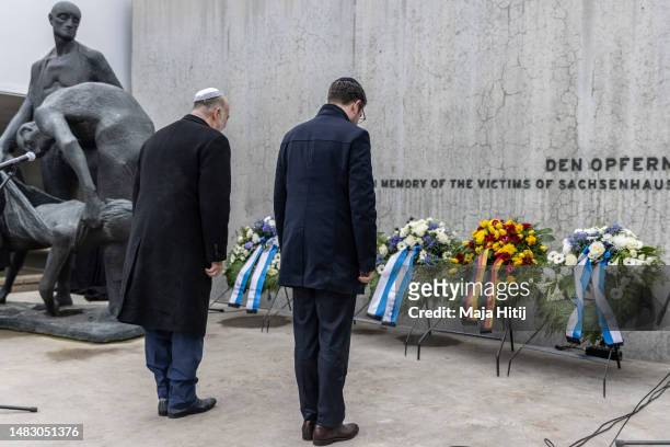Israeli Ambassador to Germany Ron Prosor and German Federal Justice Minister Marco Buschmann lay a wreath during a ceremony to commemorate Yom...