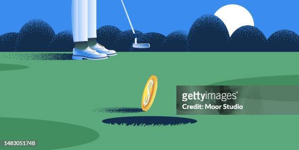 dollar rolling into a golf hole  vector illustration - jackpot stock illustrations stock illustrations