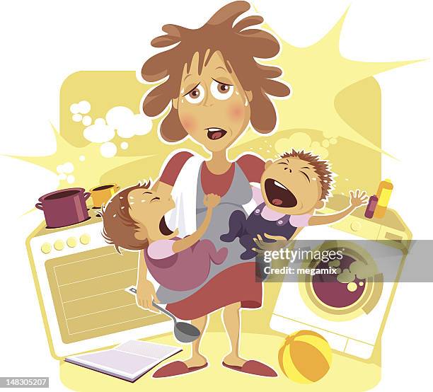 ilustrações, clipart, desenhos animados e ícones de exausto mãe. - criança mal educada