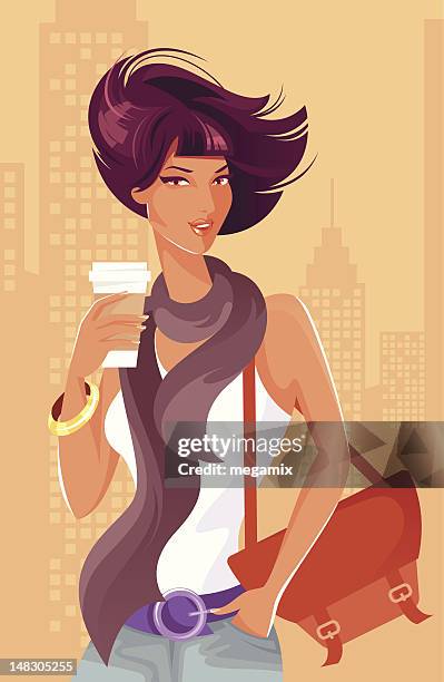 ilustraciones, imágenes clip art, dibujos animados e iconos de stock de mujer con una taza de café. - coffee outside