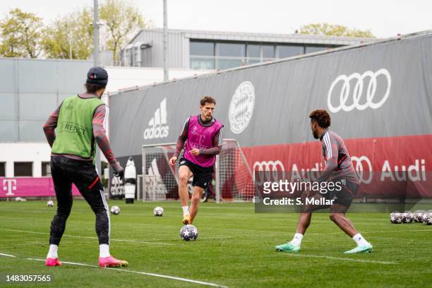 Leon Goretzka of FC Bayern Muenchen stops the ball during the training session ahead of their UEFA Champions League quarterfinal second leg match...