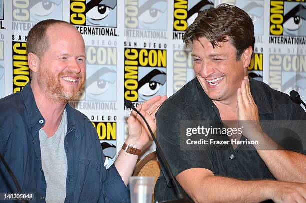 Joss Whedon and Nathan Fillion speak onstage at the "Firefly" 10 Year Anniversary Reunion Press Conference during Comic-Con International 2012 held...
