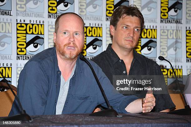 Joss Whedon and Nathan Fillion speak onstage at the "Firefly" 10 Year Anniversary Reunion Press Conference during Comic-Con International 2012 held...