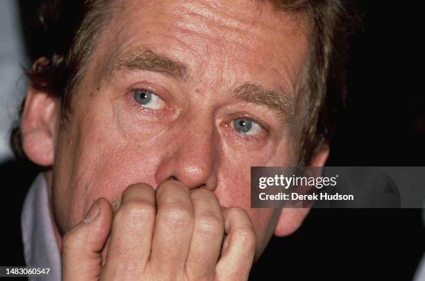 Czech writer, dissident, and statesman Václav Havel talks to journalists whilst people demonstrate in Wenceslas Square for greater liberty and the...