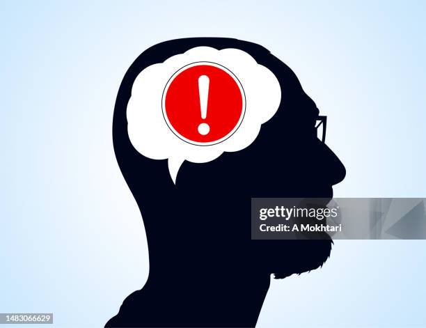 reflection and thought, exclamation point, error, fatigue... - man thinking face stock illustrations