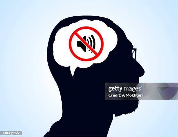 reflection and thought, muted sound, silence, tinnitus... - microphone mute icon stock illustrations