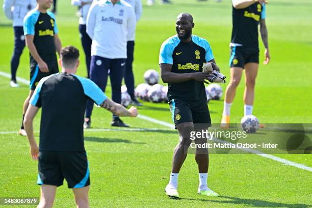 Romelu Lukaku of FC Internazionale in action during the FC Internazionale training session at the club's training ground Suning Training Center head...
