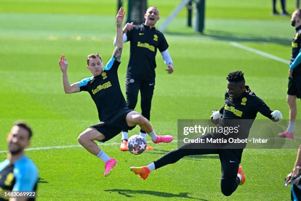 Nicolò Barella of FC Internazionale in action challenges for the ball with André Onana of FC Internazionale in action during the FC Internazionale...