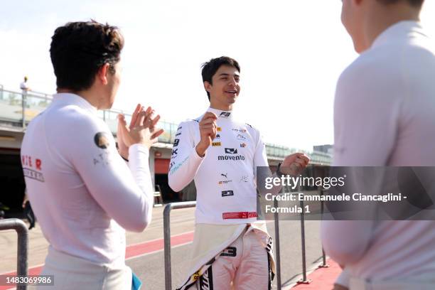Josep Maria Marti of Spain and Campos Racing talks to Alejandro Garcia of Mexico and Jenzer Motorsport and Christian Mansell of Great Britain and...