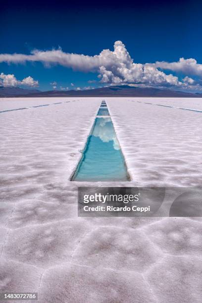 General view of the pools for the process of salt extraction at Salinas Grandes on March 28, 2023 in Jujuy, Argentina. Salinas Grandes is the third...