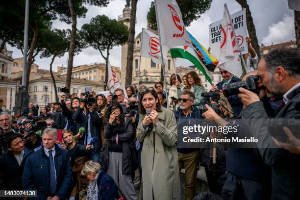 General Secretary of the Partito Democratico, Elly Schlein delivers her speech during a demonstration against the conversion into Law of the so...