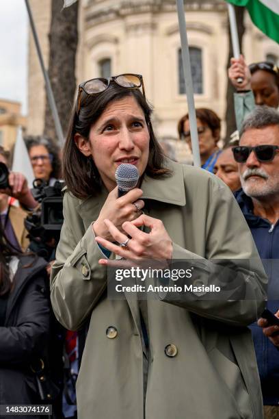 General Secretary of the Partito Democratico Elly Schlein delivers her speech during a demonstration against the conversion into Law of the so called...