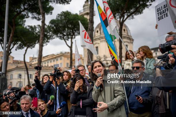 General Secretary of the Partito Democratico Elly Schlein delivers her speech during a demonstration against the conversion into Law of the so called...