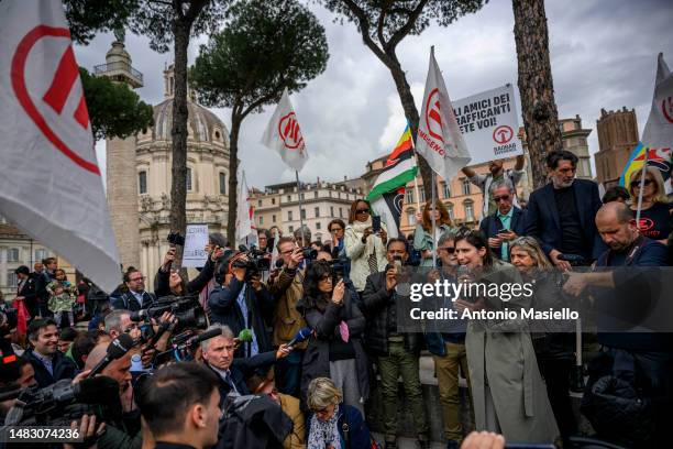 General Secretary of the Partito Democratico Elly Schlein delivers her speech during a demonstration against the conversion into Law of the so called...