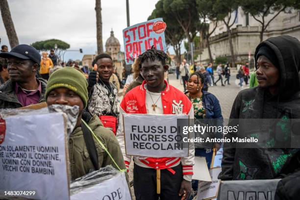 Migrants take part in a demonstration against the conversion into Law of the so called "Decreto Cutro" , on April 18, 2023 in Rome, Italy. Amnesty...