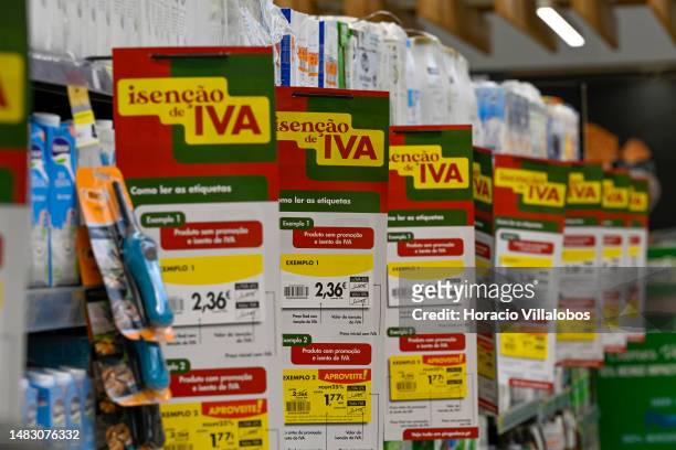 Signs advertise VAT exemption at Pingo Doce Telheiras supermarket on the first day of 0% VAT condition to 46 food products decided by the government...
