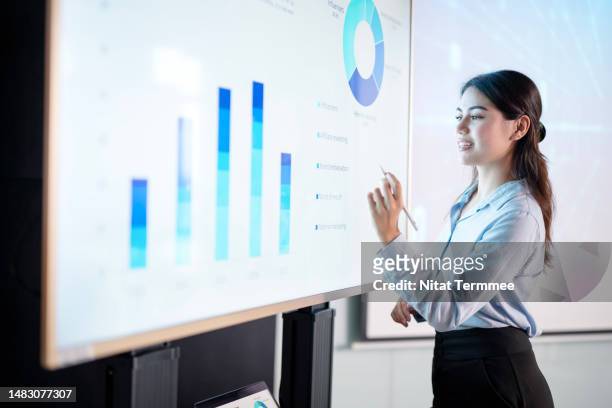 data-driven decision making to reduce risk of business operational in the long term. business development manager giving on a business insight presentation on an interactivity screens during business reviews meeting in a modern business office. - cost management stockfoto's en -beelden