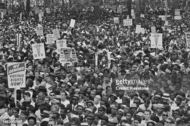 Crowds of demonstrators, some with placards, at the March on Washington for Jobs and Freedom, Washington DC, US, 28th August 1963.