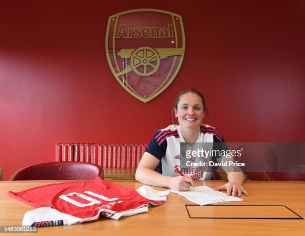 Kim Little signs a new contract with the Arsenal Women at London Colney on April 17, 2023 in St Albans, England.