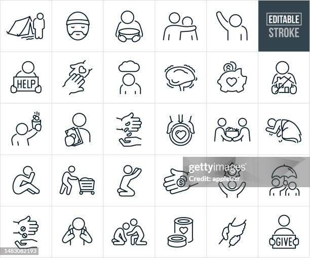 obdachlosigkeit und armut dünne liniensymbole - bearbeitbarer strich - homeless man stock-grafiken, -clipart, -cartoons und -symbole