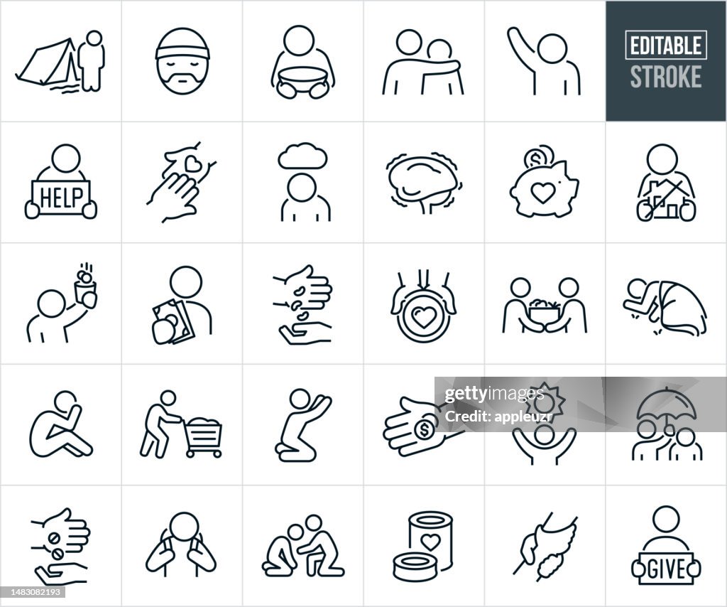 Homelessness And Poverty Thin Line Icons - Editable Stroke