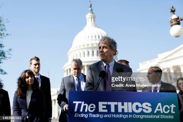 Sen. Sherrod Brown speaks at a press conference on the introduction of the Senate ETHICS Act outside of the U.S. Capitol Building on April 18, 2023...
